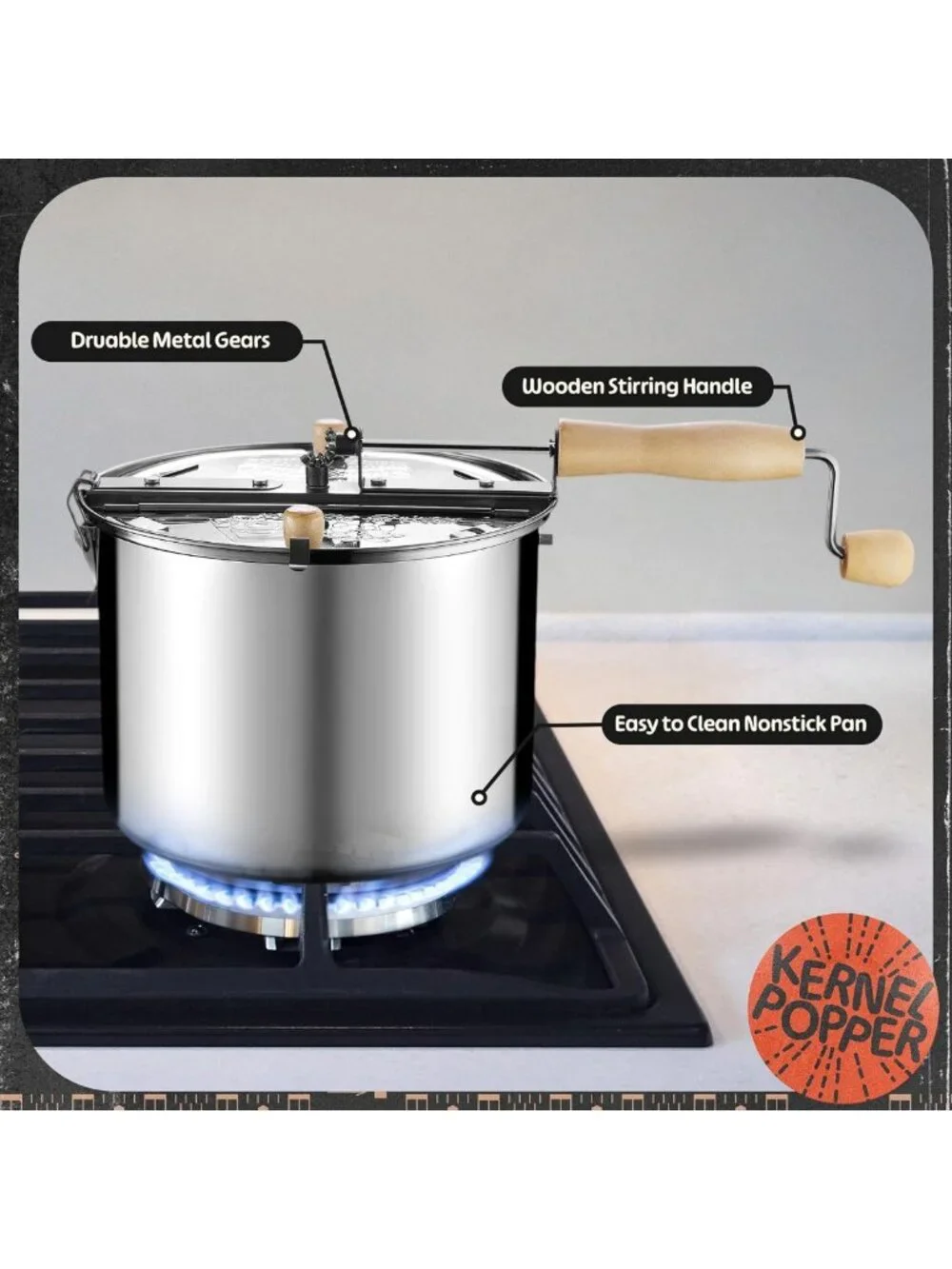 Stainless Steel Stovetop Popcorn Maker - 6.5 Quart, Hand Crank, Vented Lid